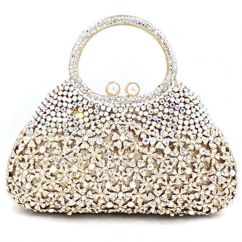 Top Handle Metal Crystal Embellished Wedding Clutch/Evening Bag/Purse NWT